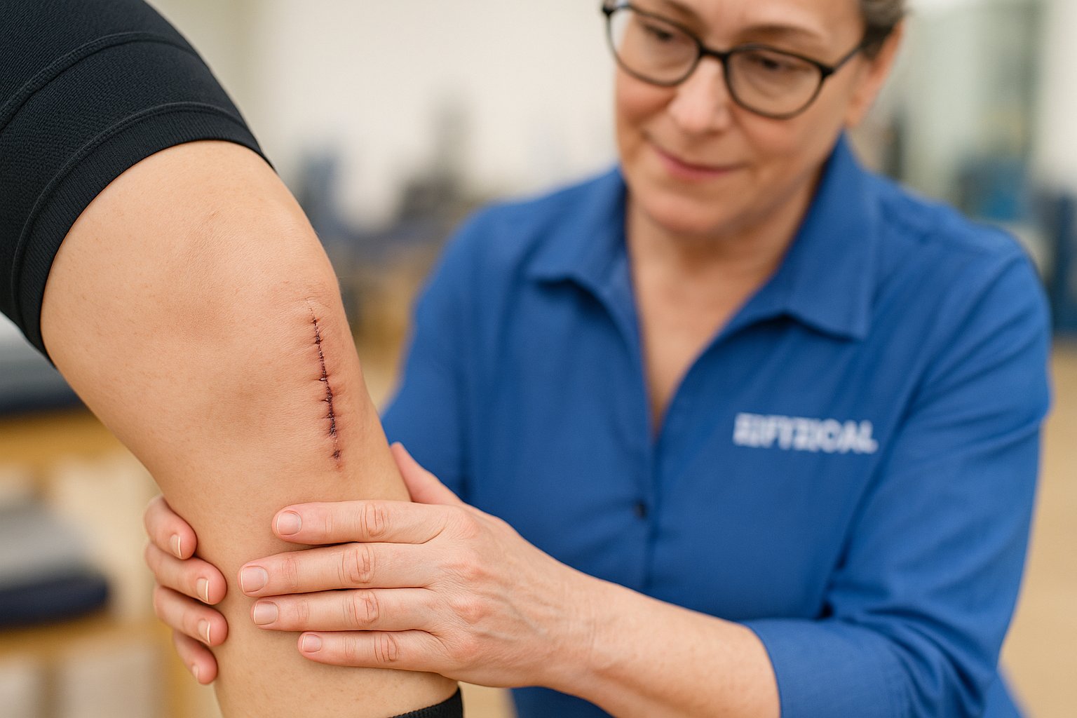 FYZICAL Bon Air physical therapist checking surgical knee incision after orthopedic surgery to guide safe rehabilitation in Chesterfield County VA