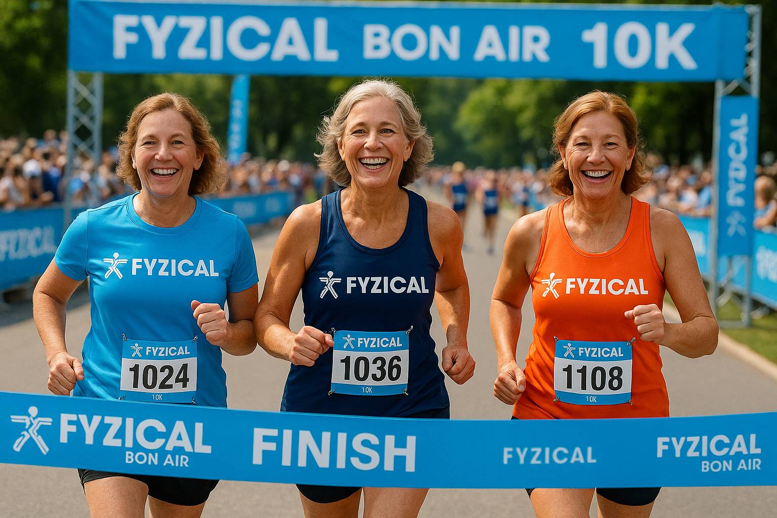 Three women runners crossing the finish line at the FYZICAL Bon Air 10K race in Chesterfield County VA, celebrating community health and wellness
