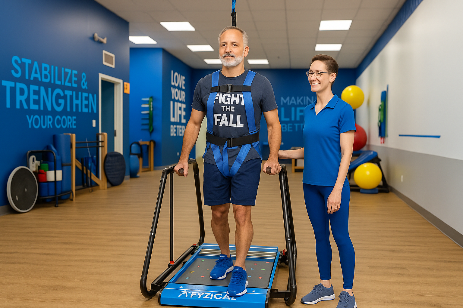Therapist helping Patient Balance Shuttle Exercise FYZICAL Bon Air