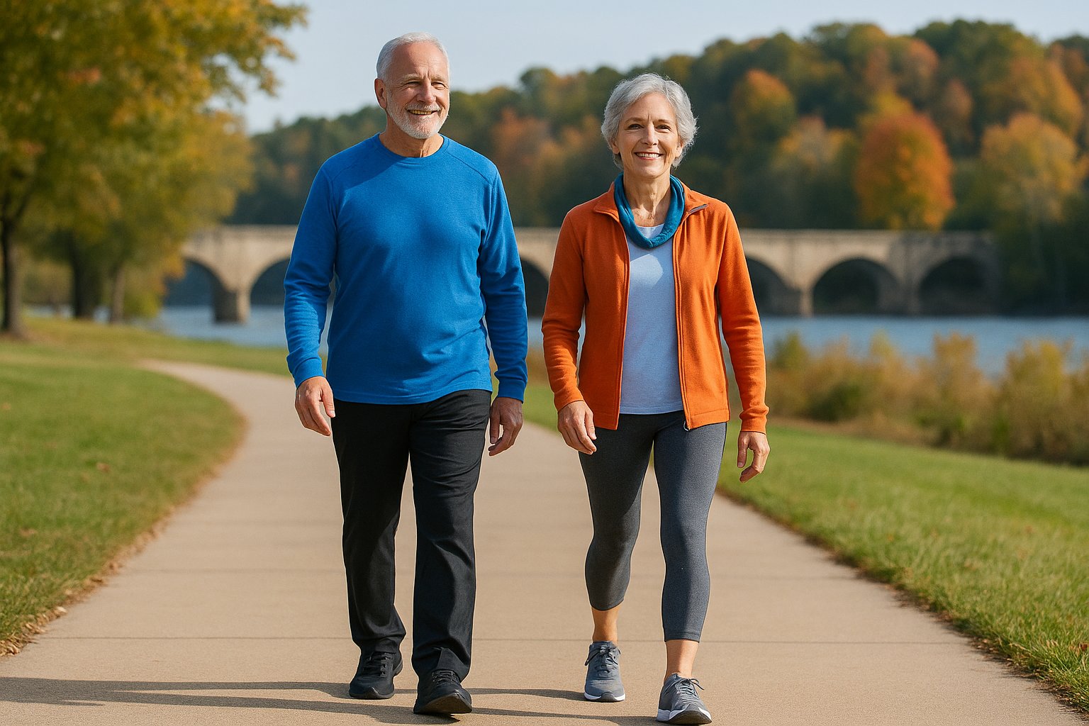 Senior couple walking near James River in Midlothian VA