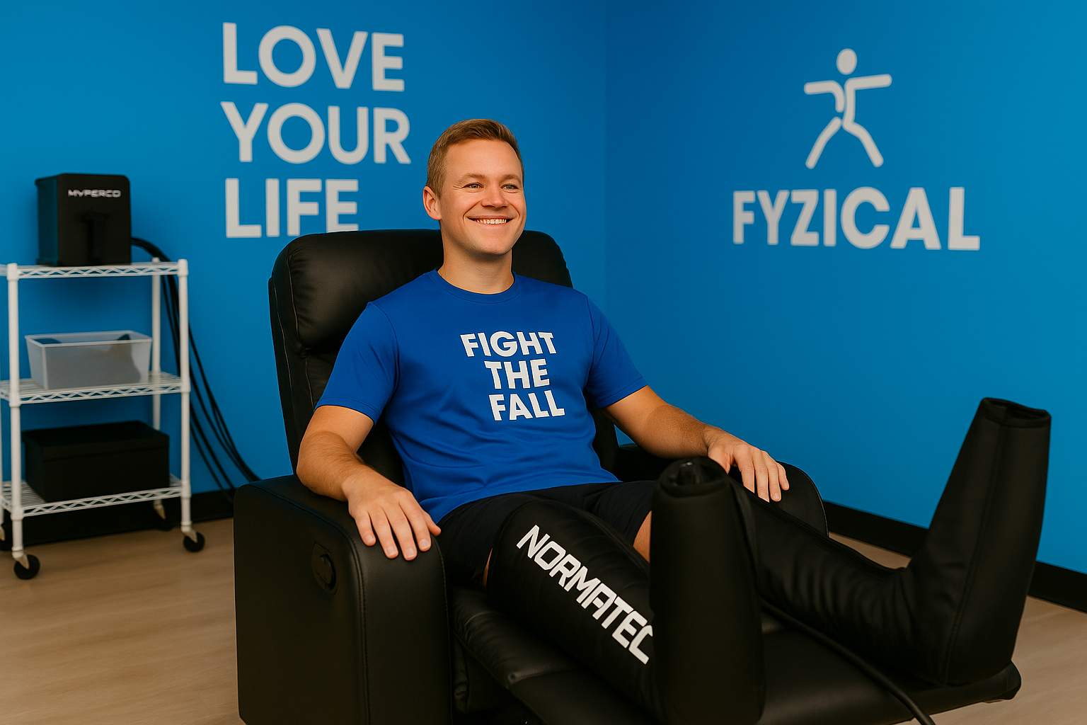 Patient receiving NormaTec compression therapy at FYZICAL Bon Air clinic to reduce soreness and improve circulation