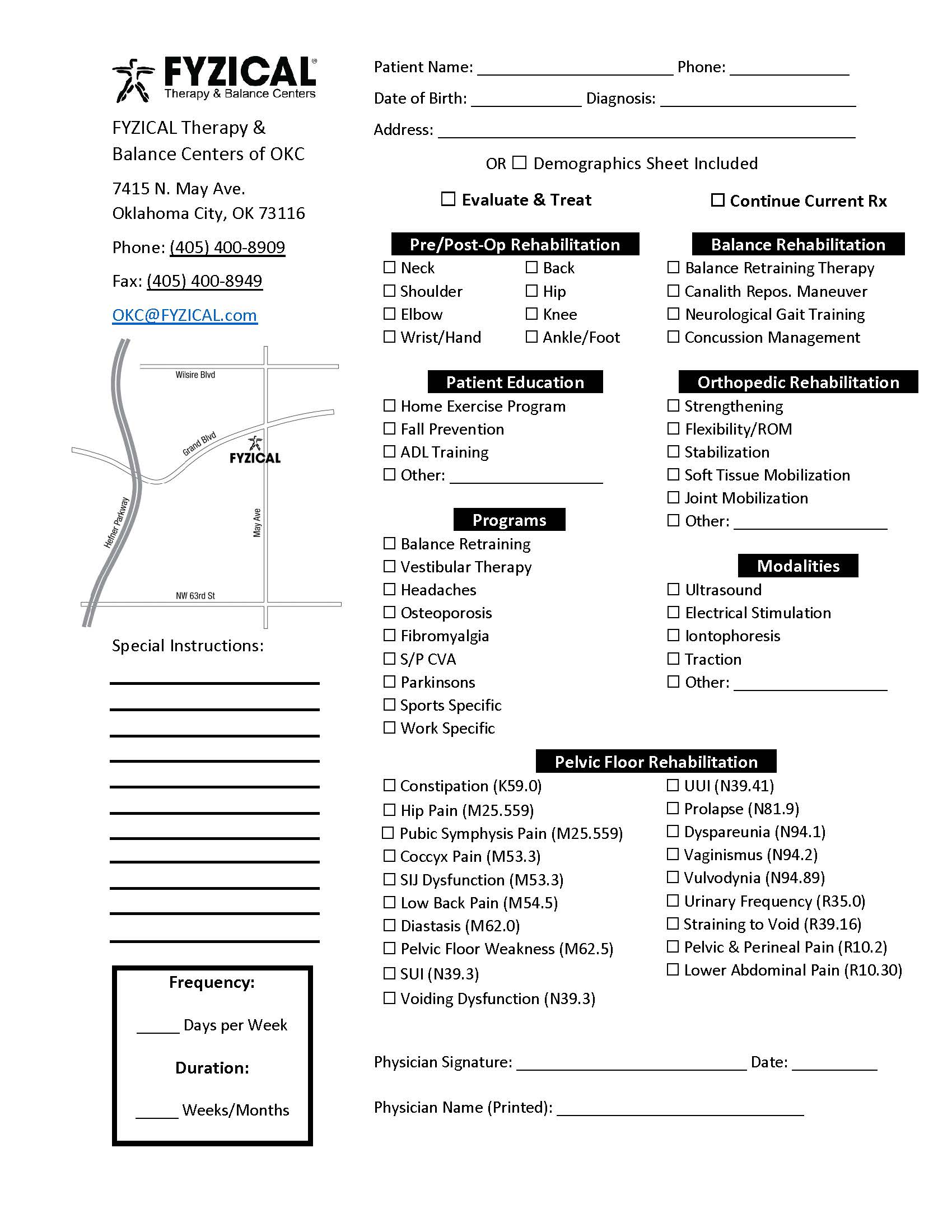 Physical Therapy Referral Form for Balance Rehabilitation, Orthopedic Rehabilitation, and Pelvic Floor Rehabilitation