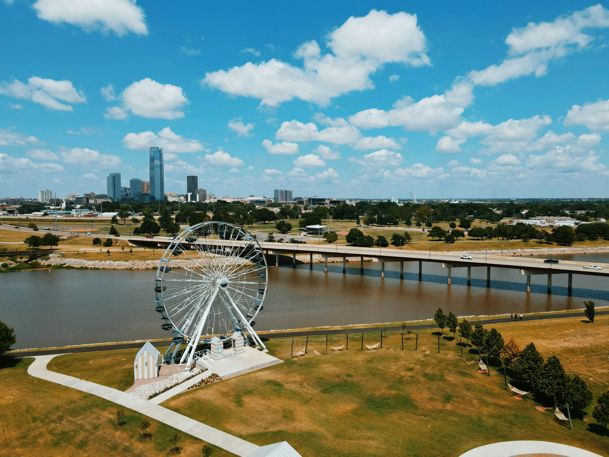 A vibrant ferris wheel stands tall in the foreground against the beautiful skyline of Oklahoma City, symbolizing balance and stability amidst the hustle and bustle of daily life. This image captures the essence of finding equilibrium, much like the journey to recovery from Vestibular Neuritis through physical therapy.
