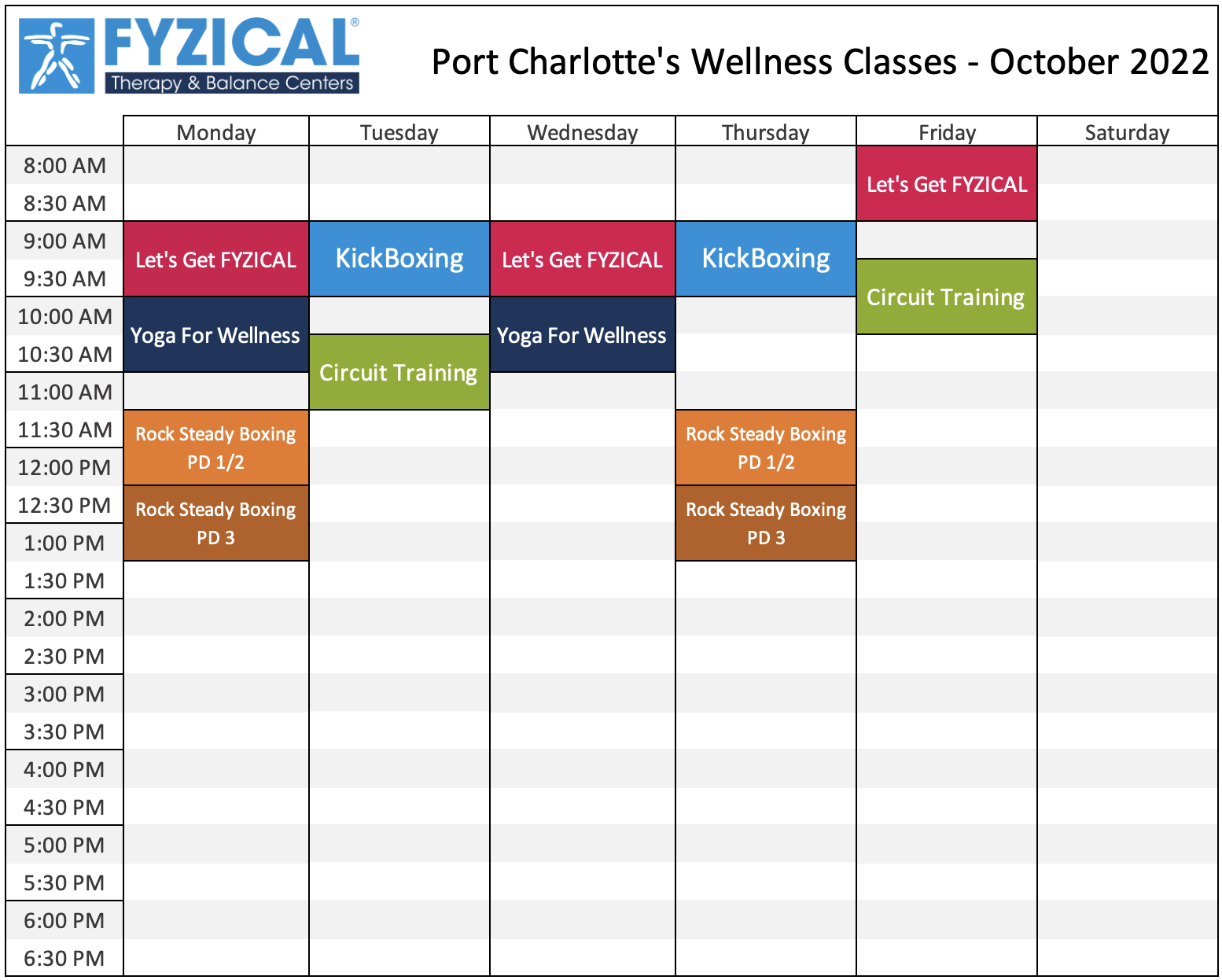 FYZICAL Port Charlotte:Class Schedule